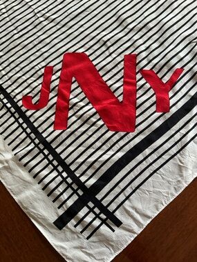 Jones New York White Scarf with Black Stripes and Red Logo NYC 27“ x 27“